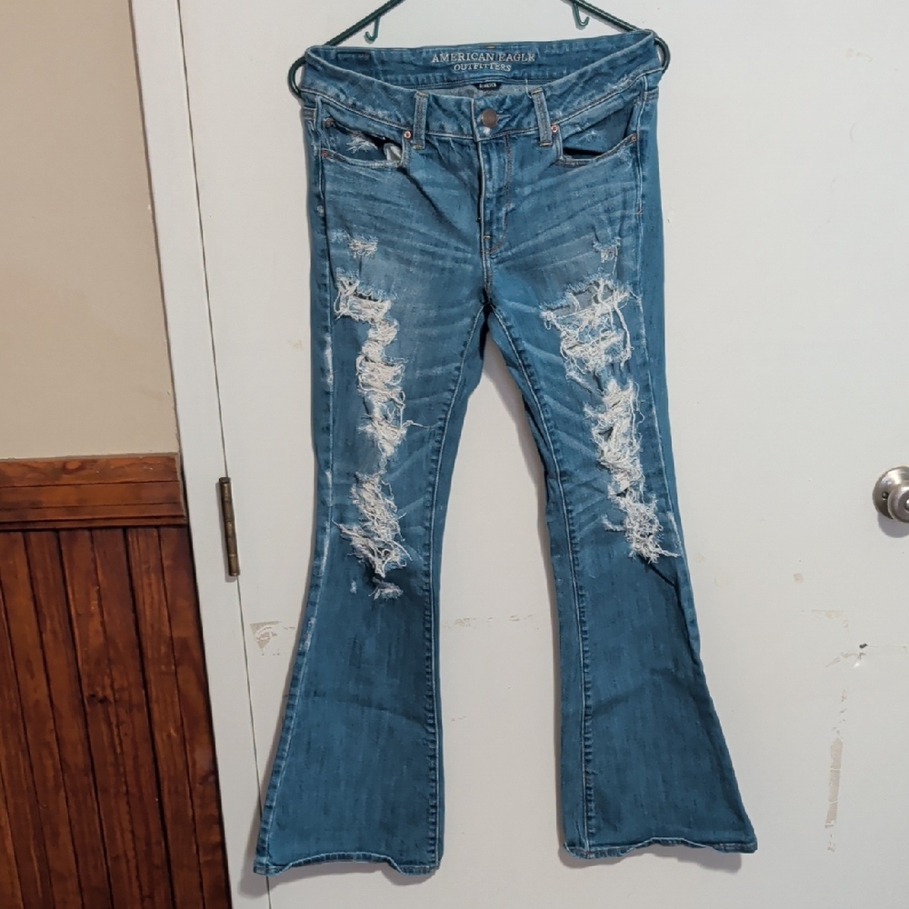 American Eagle Outfitters Women's Flare Distressed Jeans - Blue